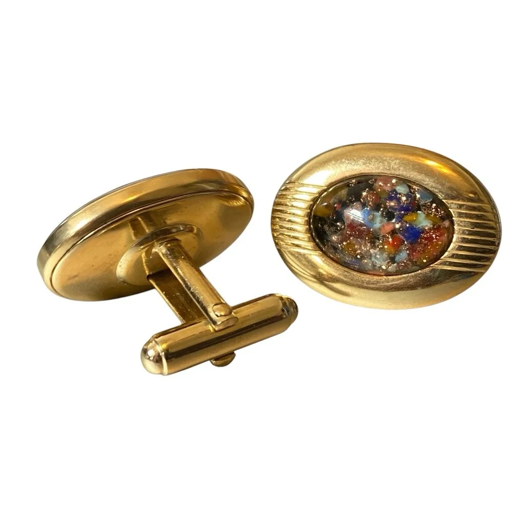 Vintage Anson Men Confetti Glitter Under Glass CUFFLINKS Gold Tone Oval